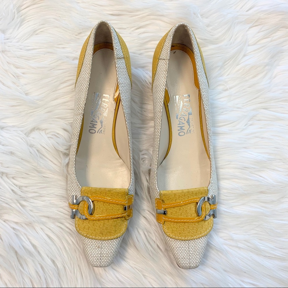 Ferragamo Yellow Kitten Heel Pumps 9.5